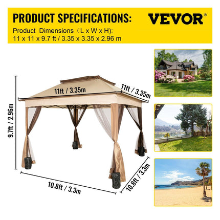 Outdoor Canopy Gazebo Tent, Portable Canopy Shelter with 11\'x11\' Large Shade Space for Party, Backyard, Patio Lawn and Garden, 4 Sandbags, Carrying Bag and Netting Included, Brown.