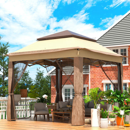 Outdoor Canopy Gazebo Tent, Portable Canopy Shelter with 11\'x11\' Large Shade Space for Party, Backyard, Patio Lawn and Garden, 4 Sandbags, Carrying Bag and Netting Included, Brown.