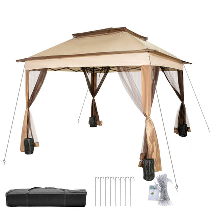Outdoor Canopy Gazebo Tent, Portable Canopy Shelter with 11\'x11\' Large Shade Space for Party, Backyard, Patio Lawn and Garden, 4 Sandbags, Carrying Bag and Netting Included, Brown.