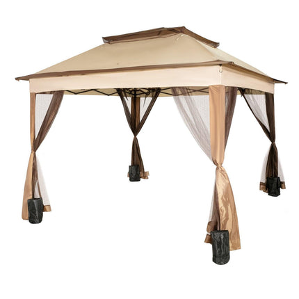 Outdoor Canopy Gazebo Tent, Portable Canopy Shelter with 11\'x11\' Large Shade Space for Party, Backyard, Patio Lawn and Garden, 4 Sandbags, Carrying Bag and Netting Included, Brown.