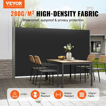 Retractable Side Awning, 160X300cm Aluminum Outdoor Privacy Screen, 280g Polyester Water-proof Retractable Patio Screen, UV 30+ Room Divider Wind Screen for Patio, Backyard, Balcony, Black.