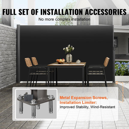 Retractable Side Awning, 160X300cm Aluminum Outdoor Privacy Screen, 280g Polyester Water-proof Retractable Patio Screen, UV 30+ Room Divider Wind Screen for Patio, Backyard, Balcony, Black.