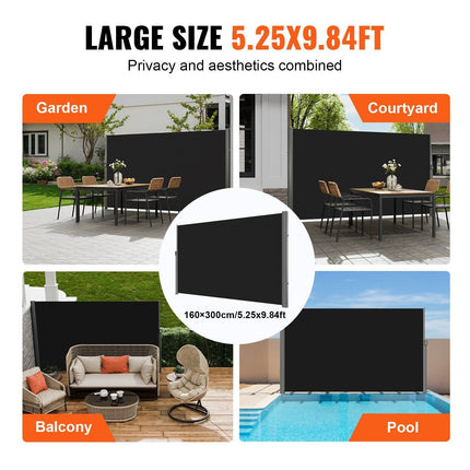 Retractable Side Awning, 160X300cm Aluminum Outdoor Privacy Screen, 280g Polyester Water-proof Retractable Patio Screen, UV 30+ Room Divider Wind Screen for Patio, Backyard, Balcony, Black.