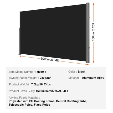 Retractable Side Awning, 160X300cm Aluminum Outdoor Privacy Screen, 280g Polyester Water-proof Retractable Patio Screen, UV 30+ Room Divider Wind Screen for Patio, Backyard, Balcony, Black.
