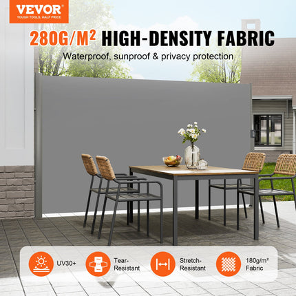 Retractable Side Awning, 160X300m Aluminum Outdoor Privacy Screen, 280g Polyester Water-proof Retractable Patio Screen, UV 30+ Room Divider Wind Screen for Patio, Backyard, Balcony, Gray.