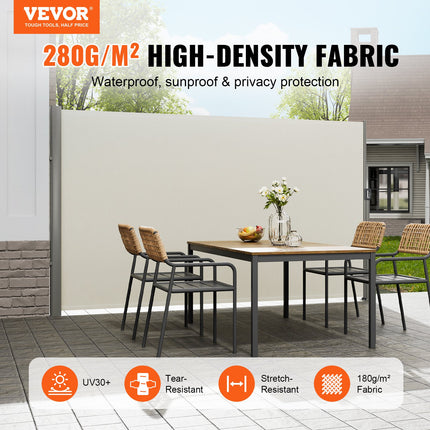 Retractable Side Awning,160X300cm Aluminum Outdoor Privacy Screen, 280g Polyester Water-proof Retractable Patio Screen, UV 30+ Room Divider Wind Screen for Patio, Backyard, Balcony, Beige.