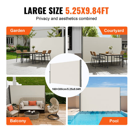 Retractable Side Awning,160X300cm Aluminum Outdoor Privacy Screen, 280g Polyester Water-proof Retractable Patio Screen, UV 30+ Room Divider Wind Screen for Patio, Backyard, Balcony, Beige.