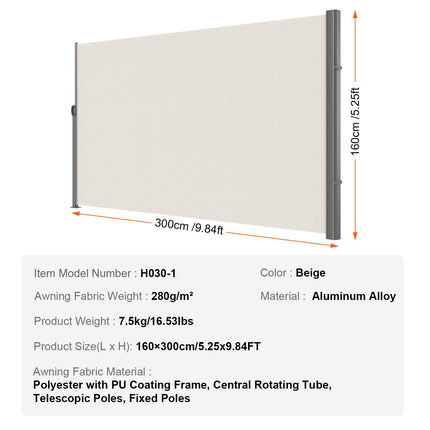 Retractable Side Awning,160X300cm Aluminum Outdoor Privacy Screen, 280g Polyester Water-proof Retractable Patio Screen, UV 30+ Room Divider Wind Screen for Patio, Backyard, Balcony, Beige.