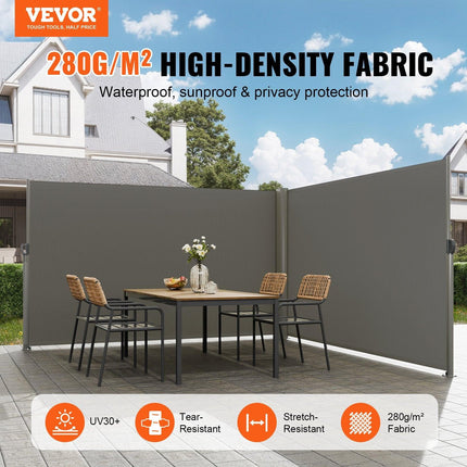 Retractable Side Awning, 160X600cm Aluminum Outdoor Privacy Screen, 280g Polyester Water-proof Retractable Patio Screen, UV 30+ Room Divider Wind Screen for Patio, Backyard, Balcony, Gray.