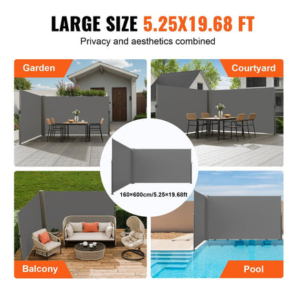 Retractable Side Awning, 160X600cm Aluminum Outdoor Privacy Screen, 280g Polyester Water-proof Retractable Patio Screen, UV 30+ Room Divider Wind Screen for Patio, Backyard, Balcony, Gray.