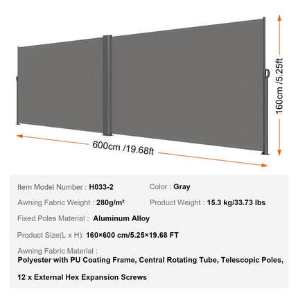Retractable Side Awning, 160X600cm Aluminum Outdoor Privacy Screen, 280g Polyester Water-proof Retractable Patio Screen, UV 30+ Room Divider Wind Screen for Patio, Backyard, Balcony, Gray.