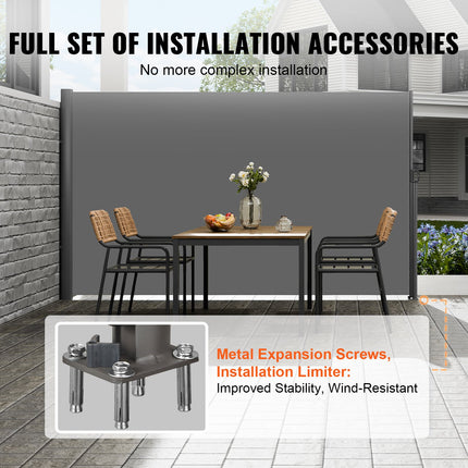 Retractable Side Awning, 180X300cm Aluminum Outdoor Privacy Screen, 280g Polyester Water-proof Retractable Patio Screen, UV 30+ Room Divider Wind Screen for Patio, Backyard, Balcony, Gray.