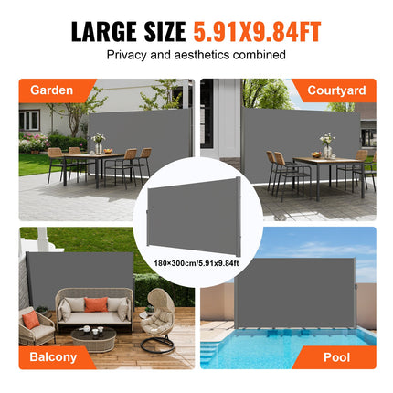 Retractable Side Awning, 180X300cm Aluminum Outdoor Privacy Screen, 280g Polyester Water-proof Retractable Patio Screen, UV 30+ Room Divider Wind Screen for Patio, Backyard, Balcony, Gray.