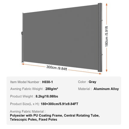 Retractable Side Awning, 180X300cm Aluminum Outdoor Privacy Screen, 280g Polyester Water-proof Retractable Patio Screen, UV 30+ Room Divider Wind Screen for Patio, Backyard, Balcony, Gray.