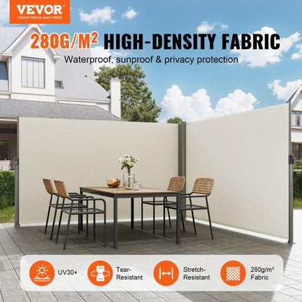 Retractable Side Awning, 180X600cm Aluminum Outdoor Privacy Screen, 280g Polyester Water-proof Retractable Patio Screen, UV 30+ Room Divider Wind Screen for Patio, Backyard, Balcony, Beige.