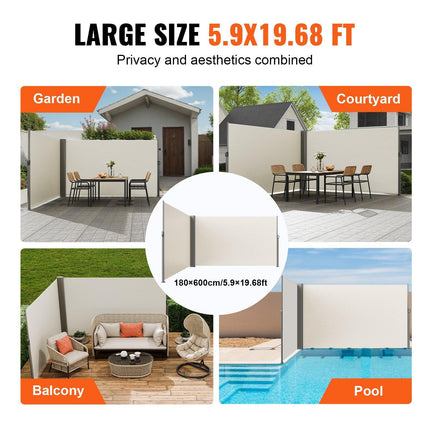 Retractable Side Awning, 180X600cm Aluminum Outdoor Privacy Screen, 280g Polyester Water-proof Retractable Patio Screen, UV 30+ Room Divider Wind Screen for Patio, Backyard, Balcony, Beige.