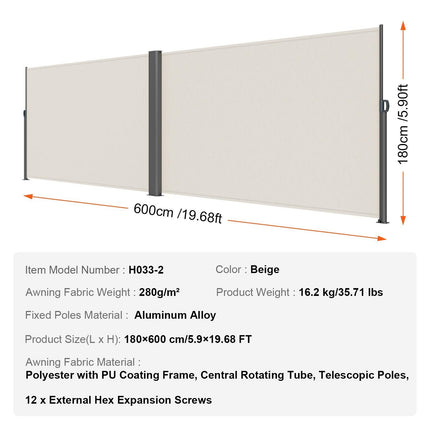 Retractable Side Awning, 180X600cm Aluminum Outdoor Privacy Screen, 280g Polyester Water-proof Retractable Patio Screen, UV 30+ Room Divider Wind Screen for Patio, Backyard, Balcony, Beige.