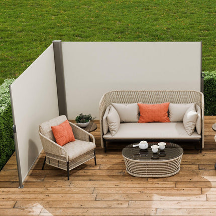 Retractable Side Awning, 180X600cm Aluminum Outdoor Privacy Screen, 280g Polyester Water-proof Retractable Patio Screen, UV 30+ Room Divider Wind Screen for Patio, Backyard, Balcony, Beige.