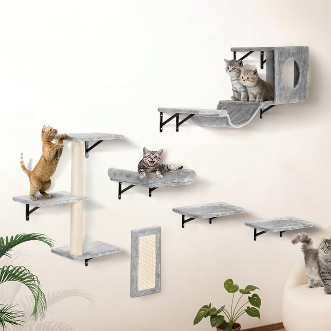 Wall Mounted Cat Shelves, Cat Wall Shelves and Perches with Jumping Boards, Hammock, Sofa, Cat Tree & Cat Grip, Cat Furniture and Shelves up to 40 lbs for Sleeping, Playing, Climbing, Set of 6.