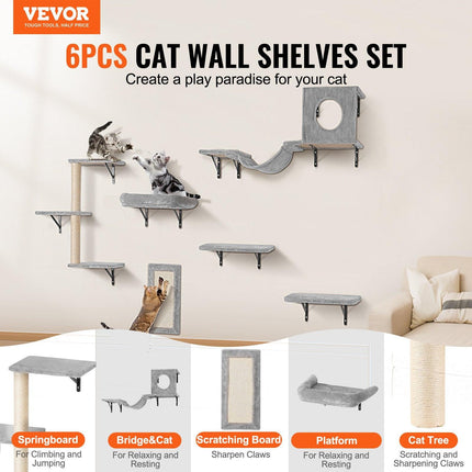 Wall Mounted Cat Shelves, Cat Wall Shelves and Perches with Jumping Boards, Hammock, Sofa, Cat Tree & Cat Grip, Cat Furniture and Shelves up to 40 lbs for Sleeping, Playing, Climbing, Set of 6.