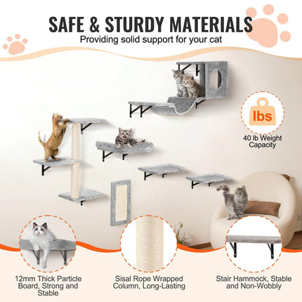 Wall Mounted Cat Shelves, Cat Wall Shelves and Perches with Jumping Boards, Hammock, Sofa, Cat Tree & Cat Grip, Cat Furniture and Shelves up to 40 lbs for Sleeping, Playing, Climbing, Set of 6.