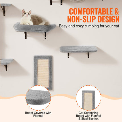 Wall Mounted Cat Shelves, Cat Wall Shelves and Perches with Jumping Boards, Hammock, Sofa, Cat Tree & Cat Grip, Cat Furniture and Shelves up to 40 lbs for Sleeping, Playing, Climbing, Set of 6.