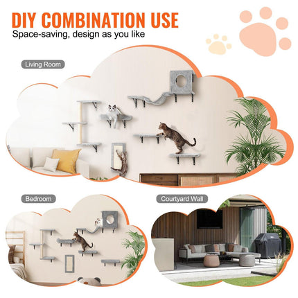 Wall Mounted Cat Shelves, Cat Wall Shelves and Perches with Jumping Boards, Hammock, Sofa, Cat Tree & Cat Grip, Cat Furniture and Shelves up to 40 lbs for Sleeping, Playing, Climbing, Set of 6.