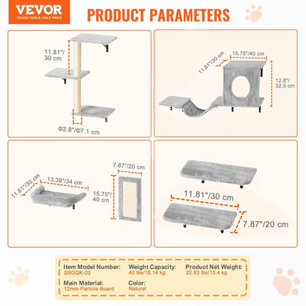 Wall Mounted Cat Shelves, Cat Wall Shelves and Perches with Jumping Boards, Hammock, Sofa, Cat Tree & Cat Grip, Cat Furniture and Shelves up to 40 lbs for Sleeping, Playing, Climbing, Set of 6.