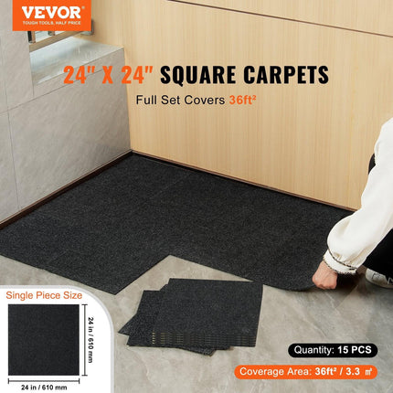 Carpet Tiles Peel and Stick, 24” x 24” Squares Self Adhesive Carpet Floor Tile, Soft Padded Carpet Tiles, Easy Install DIY for Bedroom Living Room Indoor Outdoor (15Tiles, Carbon Black).