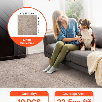 Carpet Tiles 457x457 mm, 10 Pack Carpet Square Rug Detachable & Damage-free, Self Adhesive Home Floor Soft Plush Padded for 2.1㎡ Coverage, Easy DIY for Living Room & Bedroom, Light Brown.