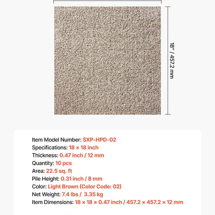 Carpet Tiles 457x457 mm, 10 Pack Carpet Square Rug Detachable & Damage-free, Self Adhesive Home Floor Soft Plush Padded for 2.1㎡ Coverage, Easy DIY for Living Room & Bedroom, Light Brown.