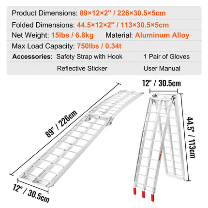VEVOR Aluminum Ramp 750 LBS Foldable Loading Ramps for Pickup Trucks Bed 1 Piece.