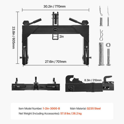 3-Point Quick Hitch with 2 in Receiver, 3000 Lbs Lift Capacity, 3-Pt Hitch with 5 Level Adjustable Bolt, Adaptation to Category 1 & 2 Tractor, Heavy Duty 3 Point Attachments, Black.