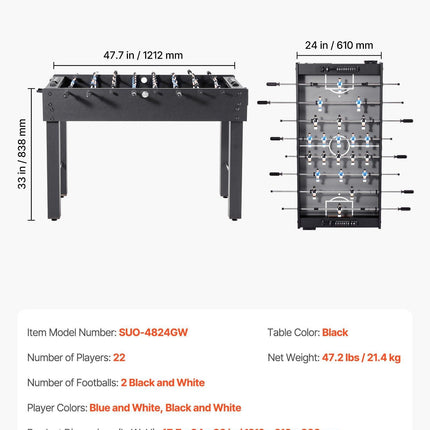 Foosball Table, 121 cm Standard Size Table, Indoor Full Size Foosball Tables for Home, Family, and Game Room, Durable Soccer Set, Includes 2 Balls, Score Keeper, and 2 Cup Holders.