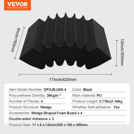 Acoustic Foam Panels 4 Pack 16.5 x 6.3 x 12 in Adhesive for Wall Ceiling.