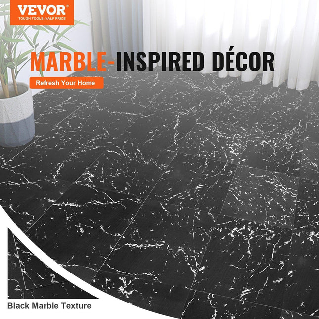 Self Adhesive Vinyl Floor Tiles 12 x 12 inch, 50 Tiles 1.5mm Thick Peel & Stick, Black Marble Texture DIY Flooring for Kitchen, Dining Room, Bedrooms & Bathrooms, Easy for Home Decor.
