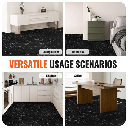 Self Adhesive Vinyl Floor Tiles 12 x 12 inch, 50 Tiles 1.5mm Thick Peel & Stick, Black Marble Texture DIY Flooring for Kitchen, Dining Room, Bedrooms & Bathrooms, Easy for Home Decor.
