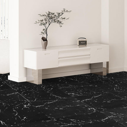 Self Adhesive Vinyl Floor Tiles 12 x 12 inch, 50 Tiles 1.5mm Thick Peel & Stick, Black Marble Texture DIY Flooring for Kitchen, Dining Room, Bedrooms & Bathrooms, Easy for Home Decor.