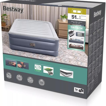 Bestway 2.03m x 1.52m x 51cm Tritech Air Inflatable Mattress Queen Built-in AC Pump.