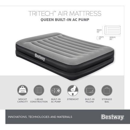 Bestway 2.03m x 1.52m x 46cm Tritech Air Mattress Queen Built-in AC pump.