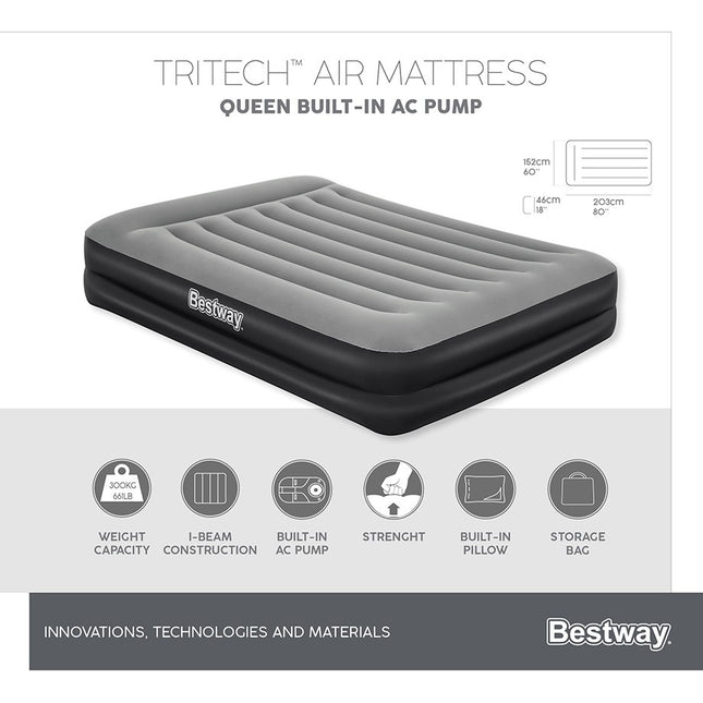 Bestway 2.03m x 1.52m x 46cm Tritech Air Mattress Queen Built-in AC pump.