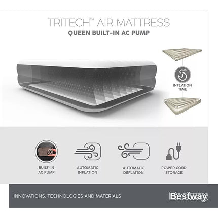 Bestway 2.03m x 1.52m x 46cm Tritech Air Mattress Queen Built-in AC pump.