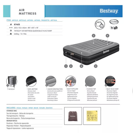 Bestway 2.03m x 1.52m x 46cm Tritech Air Mattress Queen Built-in AC pump.