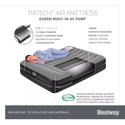 Bestway 2.03m x 1.52m x 46cm Tritech Air Mattress Queen Built-in AC pump.