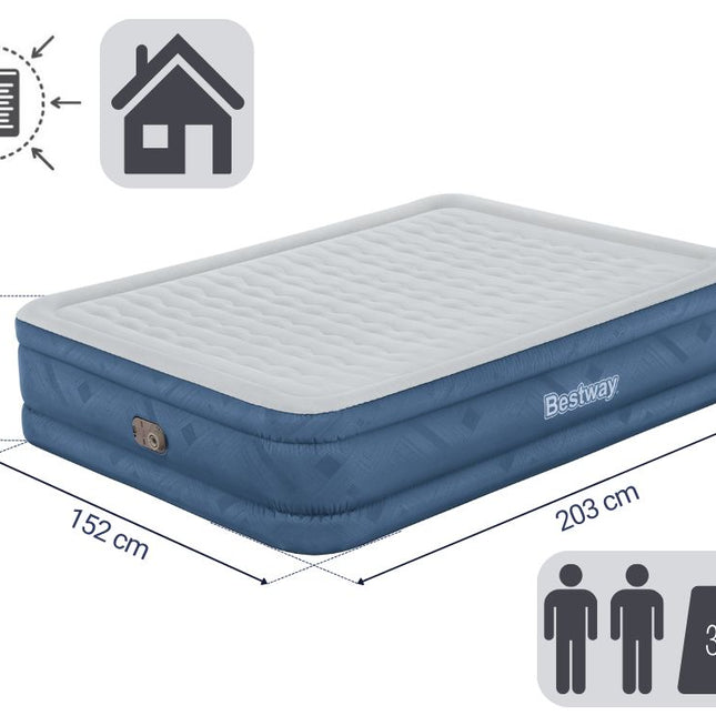 Bestway 2.03m x 1.52m x 46cm Fortech Snugable Top Air Inflatable Mattress Queen Built-in AC Pump.