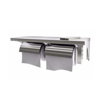Stainless Steel Twin Toilet Roll Holder with Shelf.