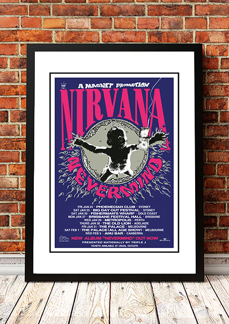 Nirvana 'Nevermind' Australian Tour Poster 1992 - Framed A1.