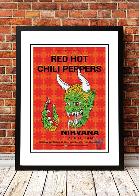 Red Hot Chili Peppers / Nirvana / Pearl Jam ‘Cow Palace’ USA Concert Poster 1991 - Framed A6.