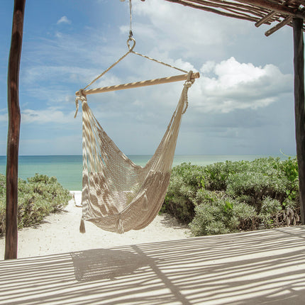 Mayan Legacy Extra Large Outdoor Cotton Mexican Hammock Chair in Cream Colour.