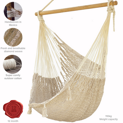 Mayan Legacy Extra Large Outdoor Cotton Mexican Hammock Chair in Cream Colour.